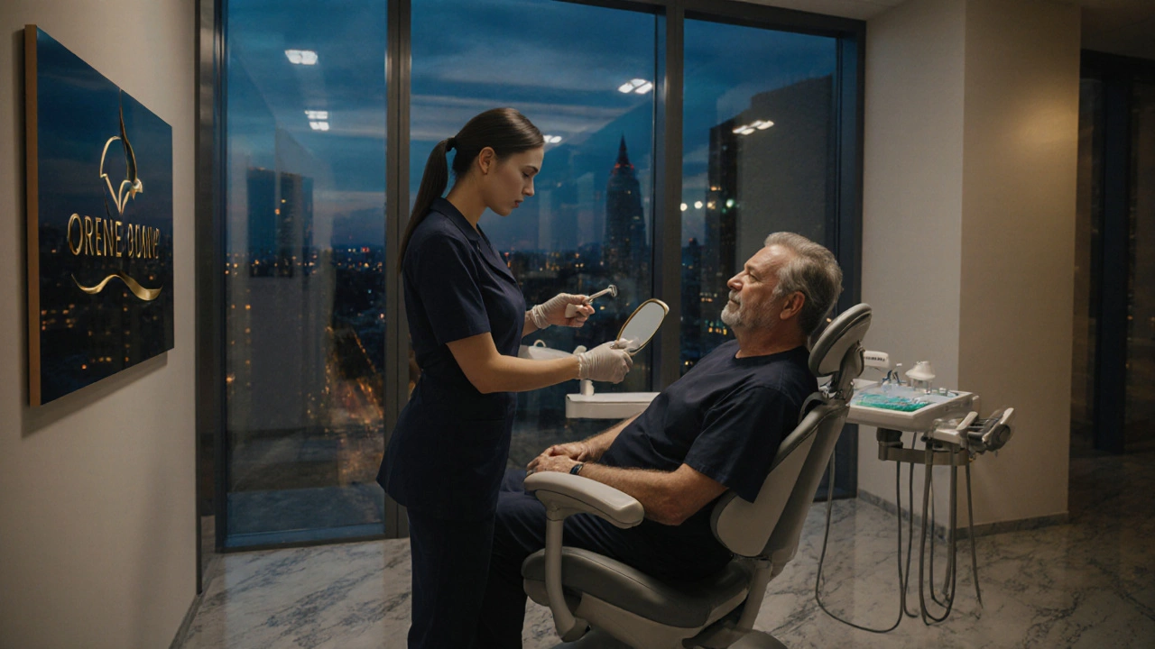 Dentální hygienistka v moderní soukromé ordinaci, konzultuje péči se spokojeným pacientem.