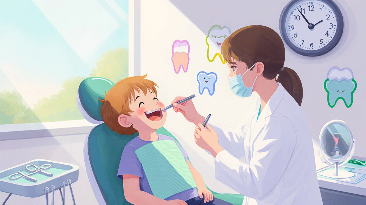 Dítě v dětském zubním křesle, dentista kontroluje zuby v jasné a přívětivé klinice.