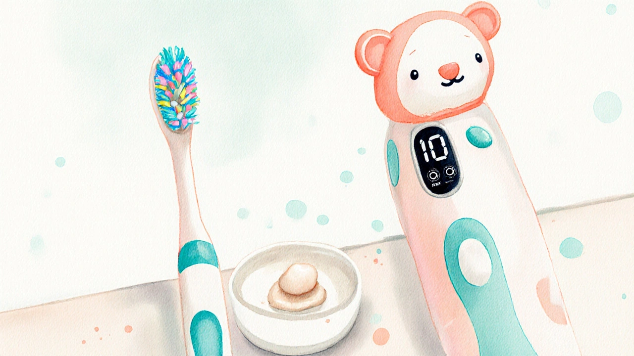 Ilustrace dvou dětských kartáčků – manuální a elektrický – vedle zubní pasty na pultu.