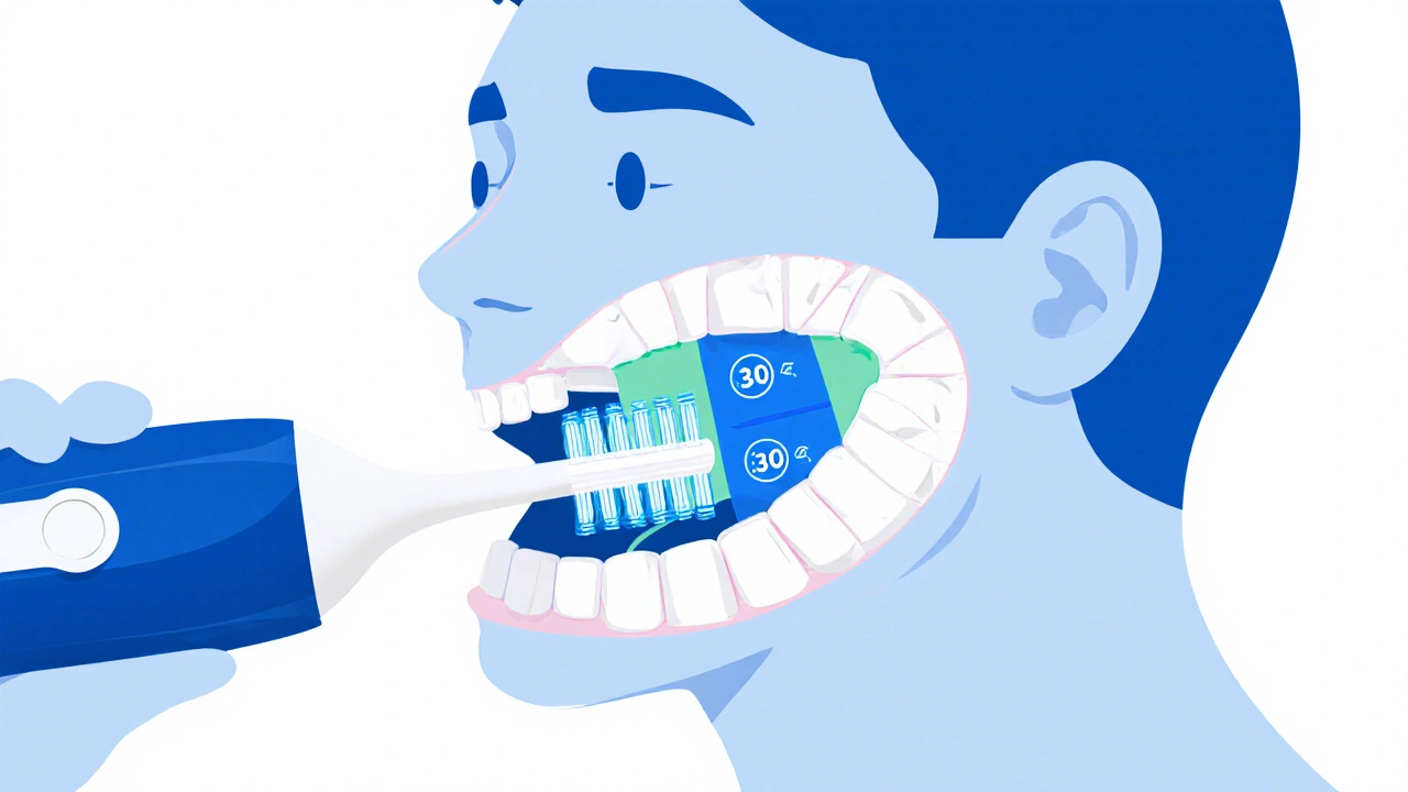 Ilustrace ukazuje sonický kartáček pod úhlem 45° v ústech, rozdělené na čtyři sekce s časovačem.