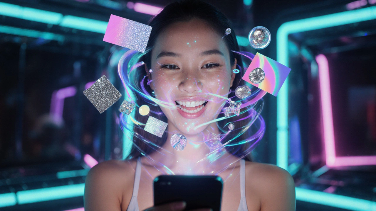 Influencerka s AR aplikací zobrazující virtuální vzory na zubech.