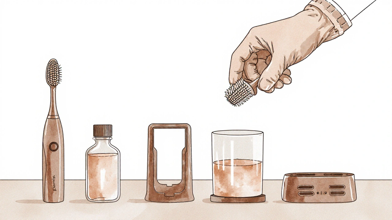 Plošná ilustrace údržby: výměna hlavy, čistič, nabíječka a stojan.
