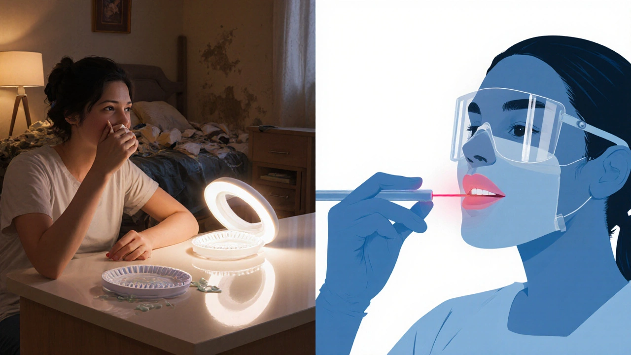 Porovnání domácího a profesionálního bělení zubů v jednom obrazu.