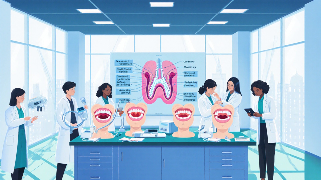 Skupina studentů v univerzitní laboratoři, pracující na dentální manekně a rentgenovém zařízení.