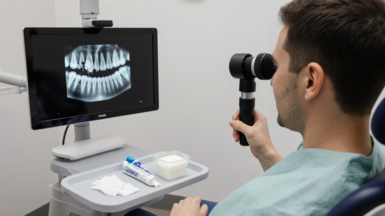 Zubní lékař prohlíží poškozený zub v klinice s rentgenem.