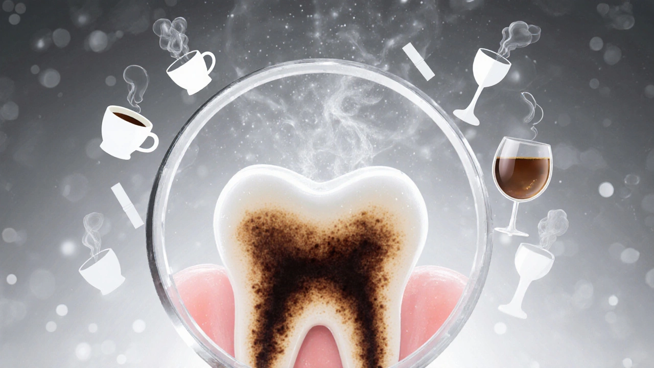 Zvětšený pohled na vnitřní bělení zubu s odstraňováním skvrn z vnitřní struktury.