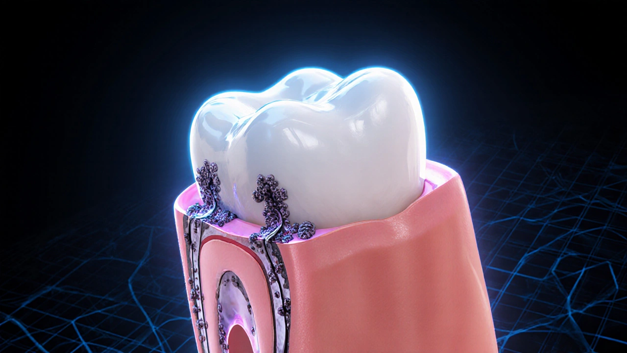3D řez zubem pod fazetou s bakteriemi a fluoridovou ochranou