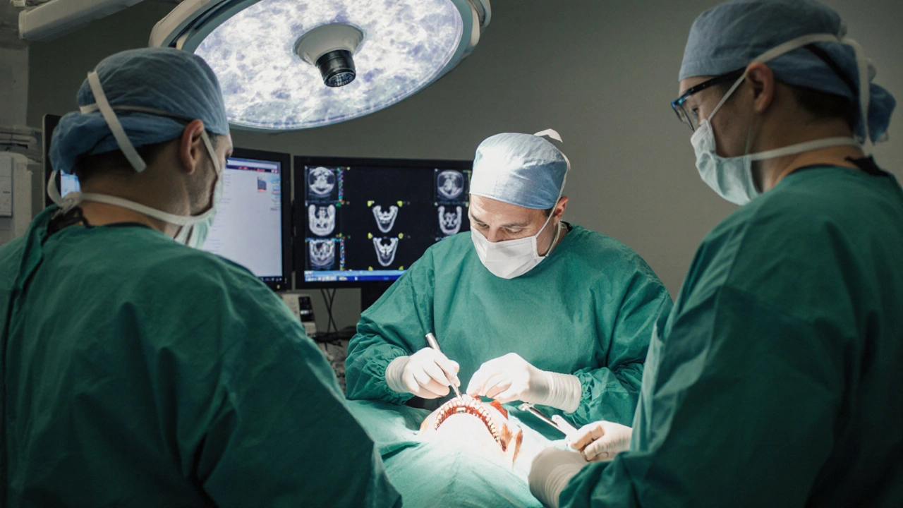 Chirurg provádí rekonstrukci čelisti v operačním sále s mikroskopy a CT obrazem.