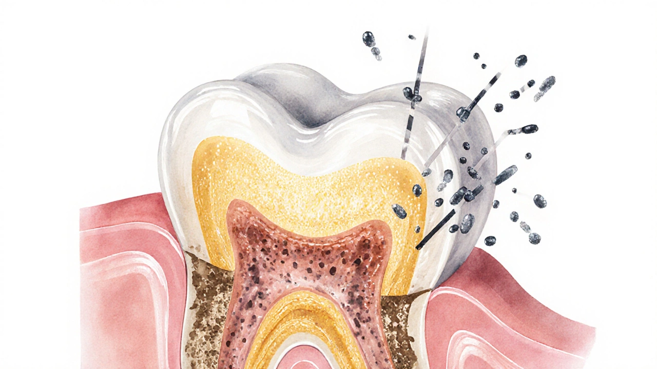 Cross-section showing resin cement bonding ceramic bridge to tooth enamel, blocking decay.