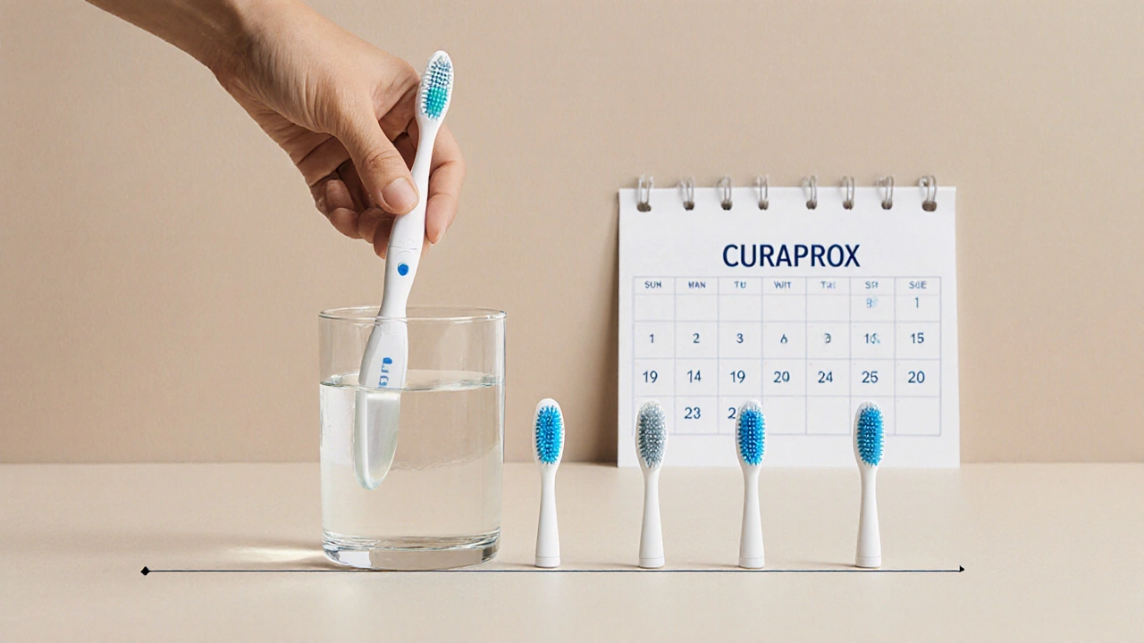 Čtyři kartáčky Curaprox v různých stádiích používání na kalendáři.