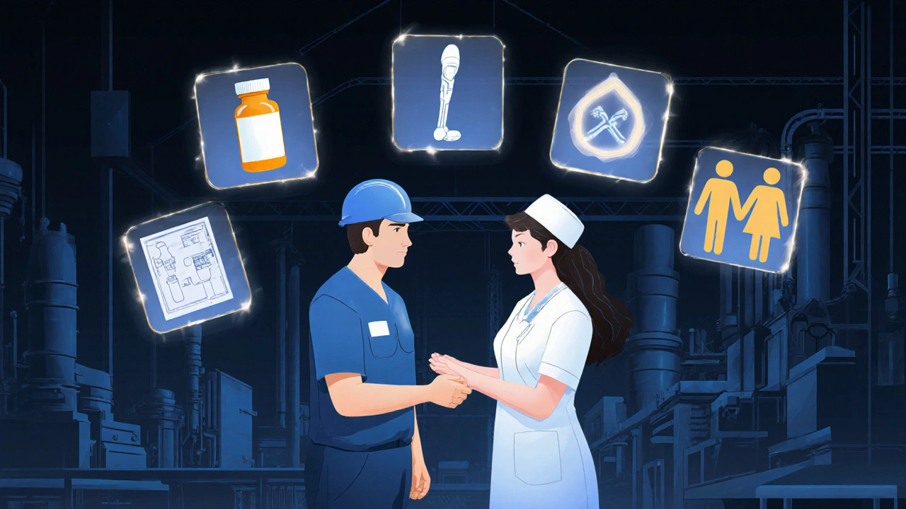 Dělník dostává léčbu, kolem něj se objevují symboly pojištění: léky, protéza, rodina, úprava bytu.