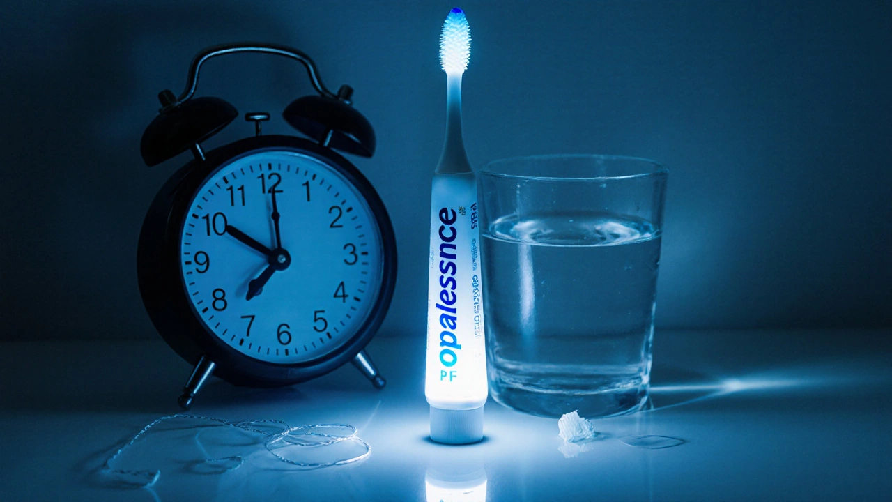 Denní péče po bělení: měkký kartáček, zubní pasta Opalescence PF, nit a voda na koupelnové pultě v nočním osvětlení.