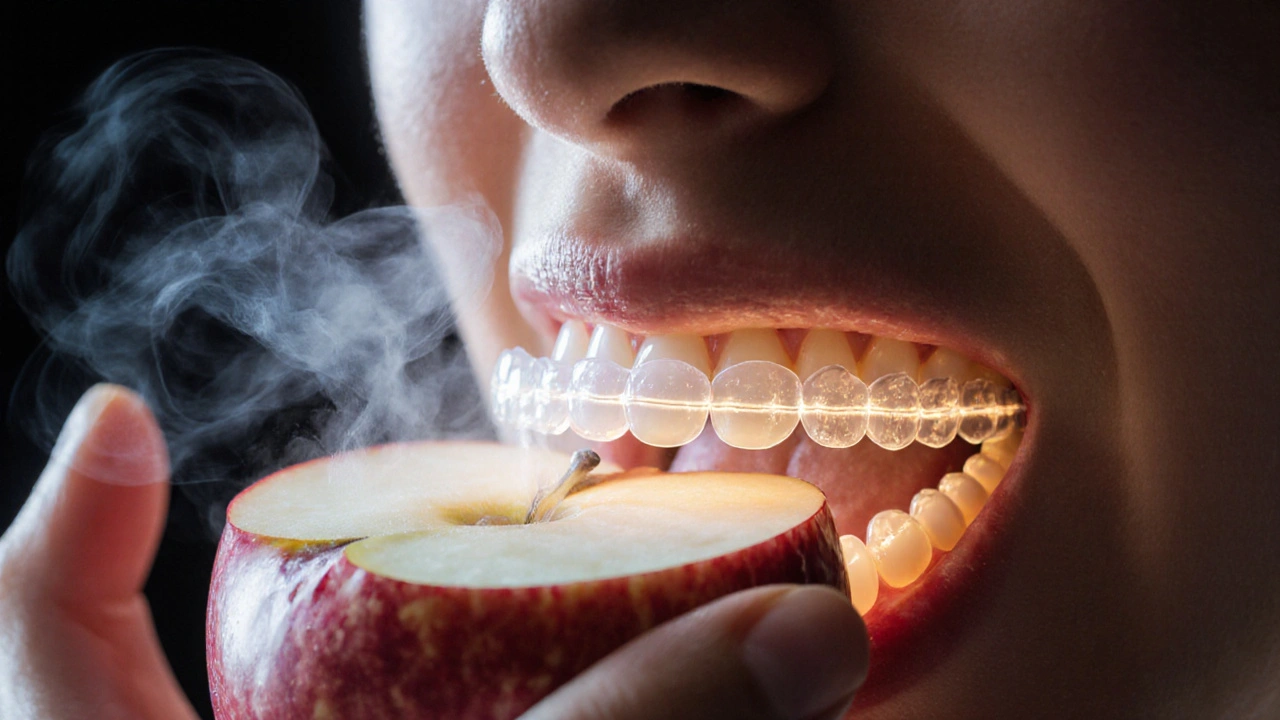 Dental bridge with glowing cement shield enduring chewing and temperature changes.