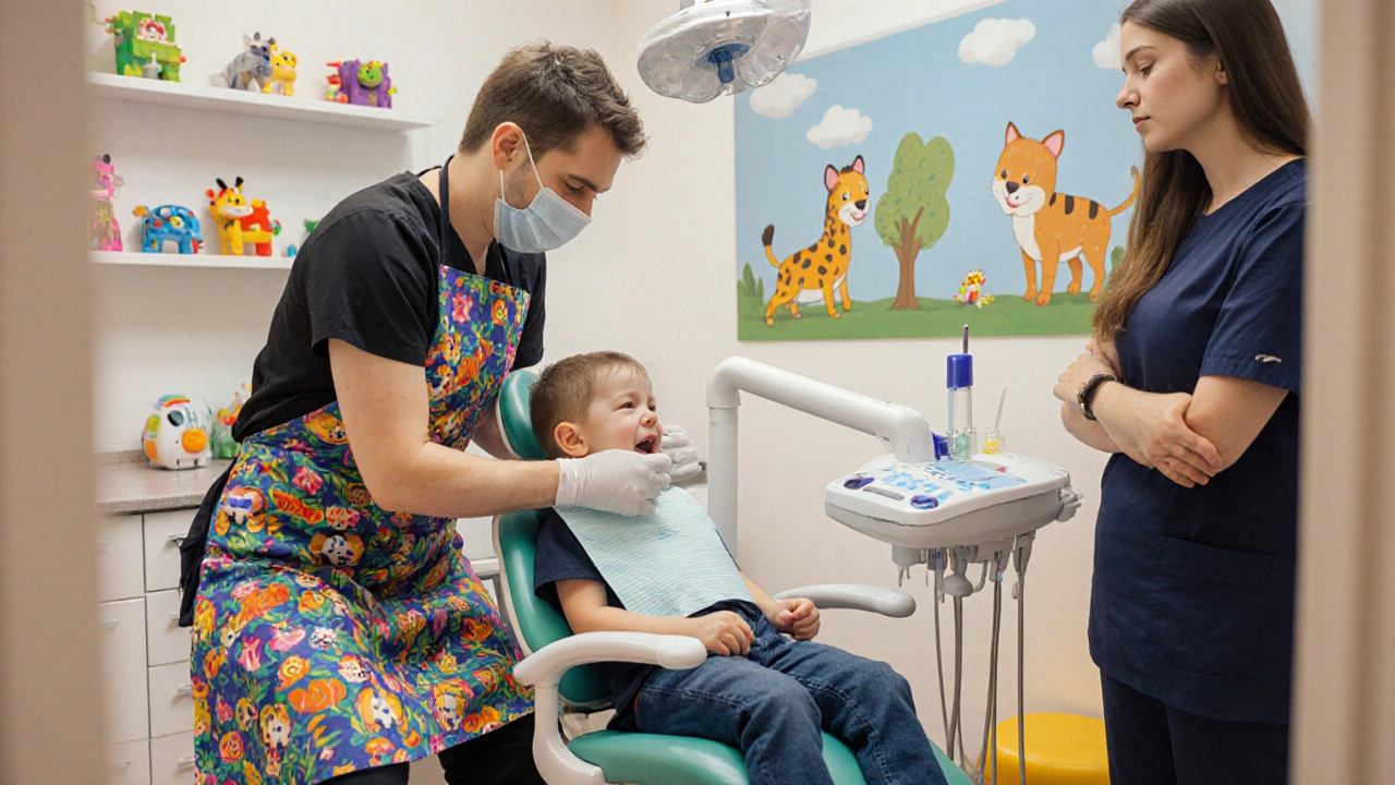 Dětský zubní lékař uklidňuje dítě v barevné zubní klinice.