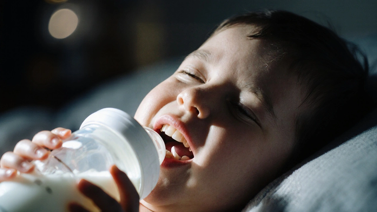 Dítě spí s láhví, sladký nápoj pomalu poškozuje zuby.