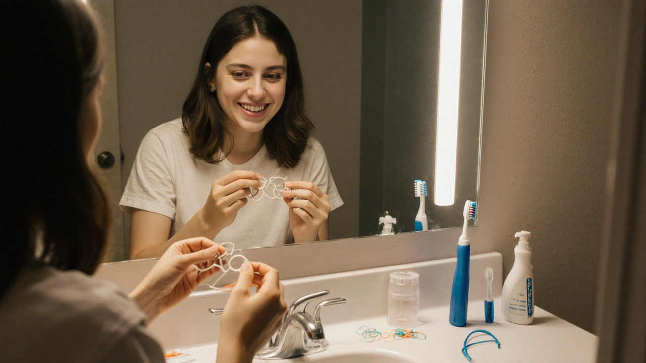 Dívka mění gumičky na rovnátka před zrcadlem.