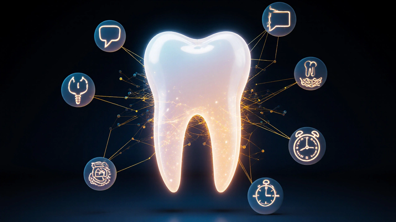 Koncepční obrázek titanového kořene zubu spojeného s kostí a symboly života.