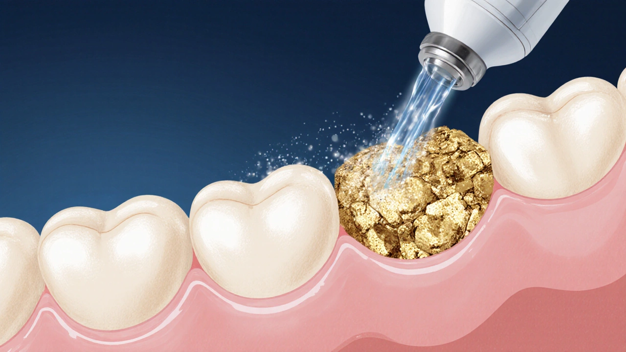 Mikroskopický pohled na tvorbu zubního kamene pod dásněmi.