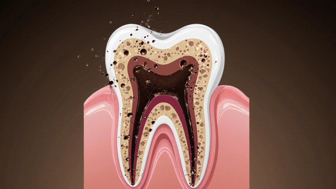 Mikroskopický řez zubem, kde se barviva vstřebávají do otevřených kanálků, zatímco minerály pomáhají obnovit sklovinu.