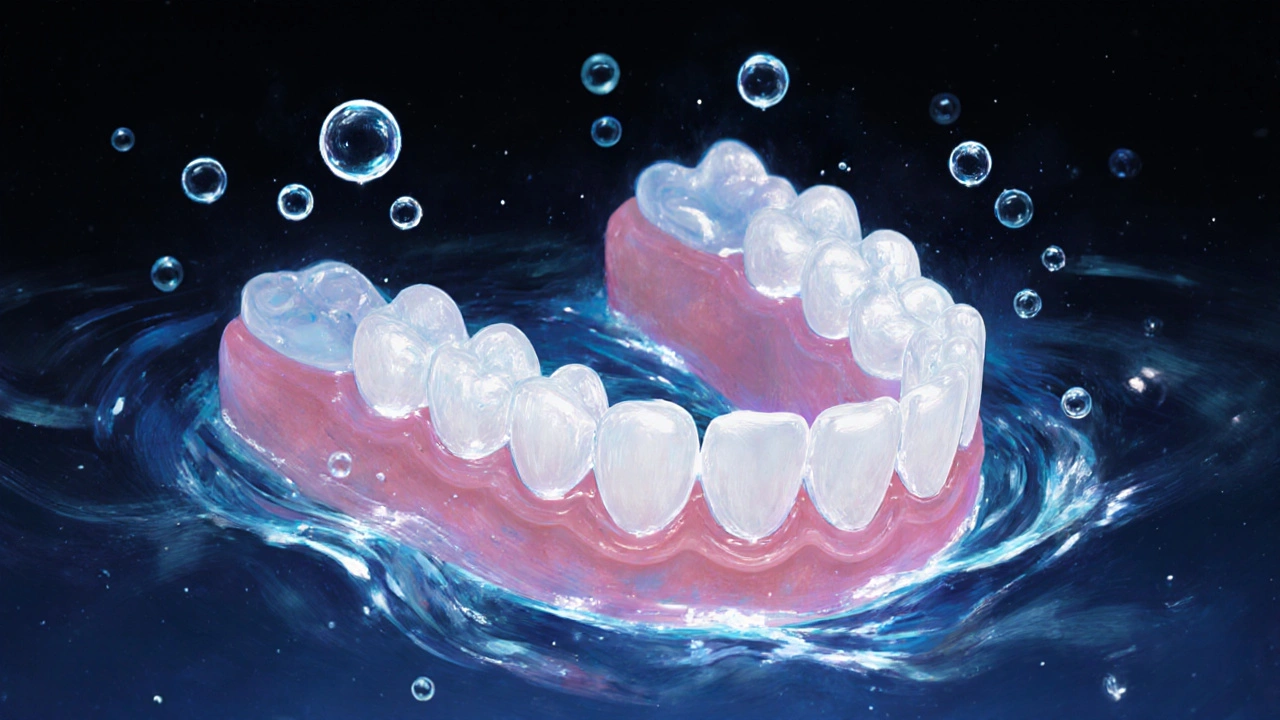 Náhradní zuby v roztoku s bublinami kyslíku, symbolizujícími hluboké čištění.
