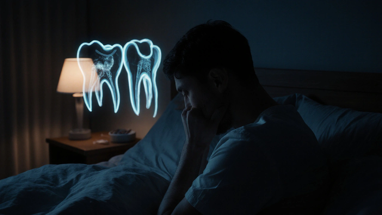 Osoba trpící noční bolestí zubu s rentgenovým obrazem abscesu