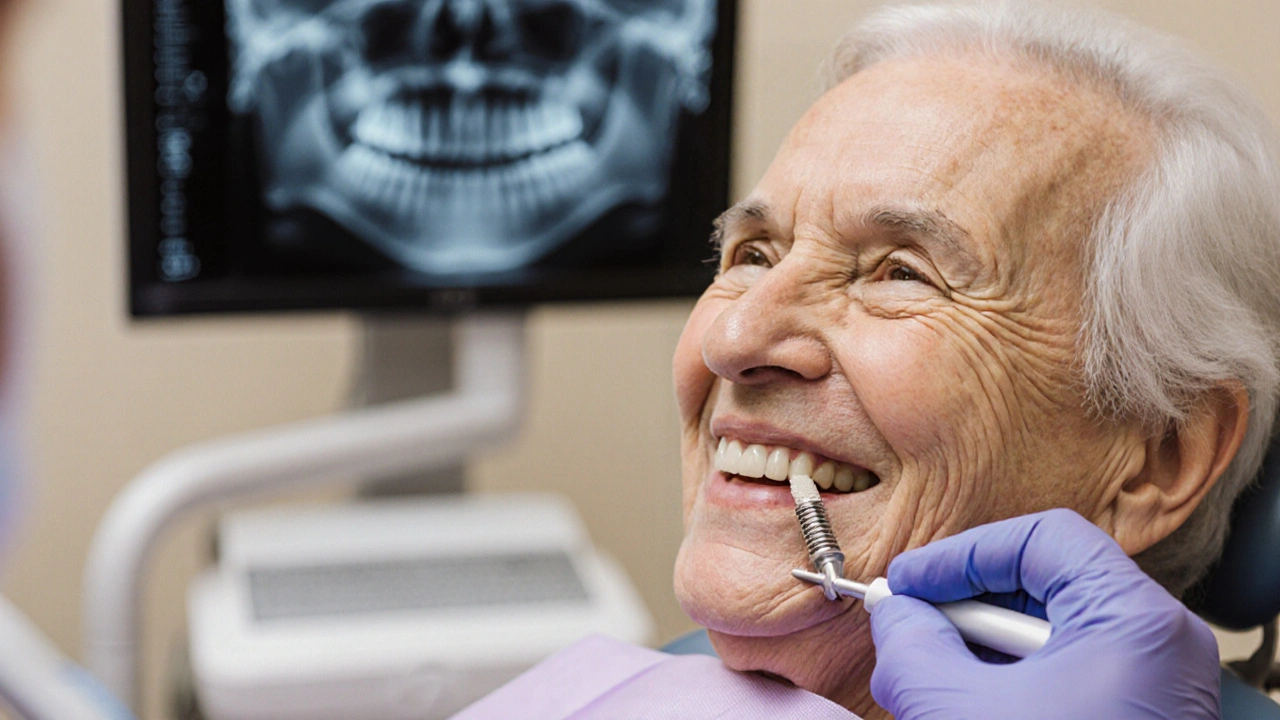 Pacient v zubní klinice, kde dentist kontroly implantáty periodontální sondou.