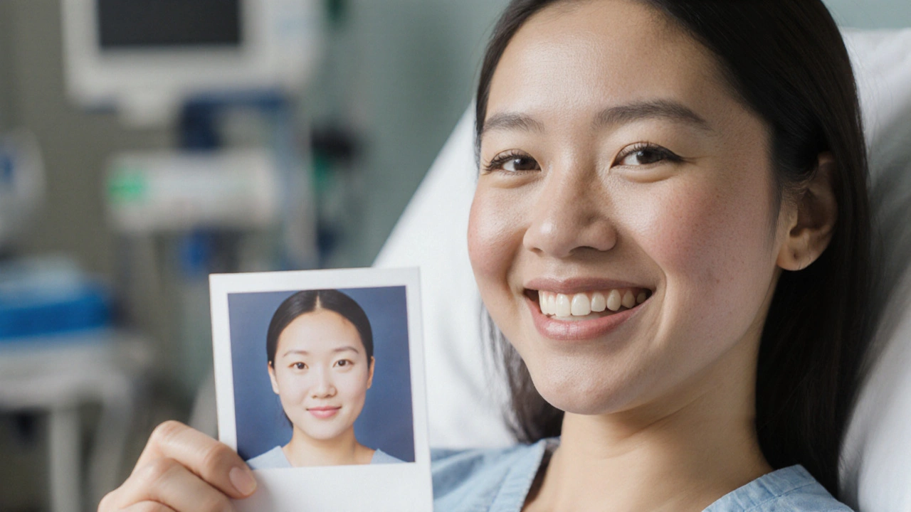 Pacientka po úspěšné rekonstrukci obličeje se směje, drží fotku z před operací.