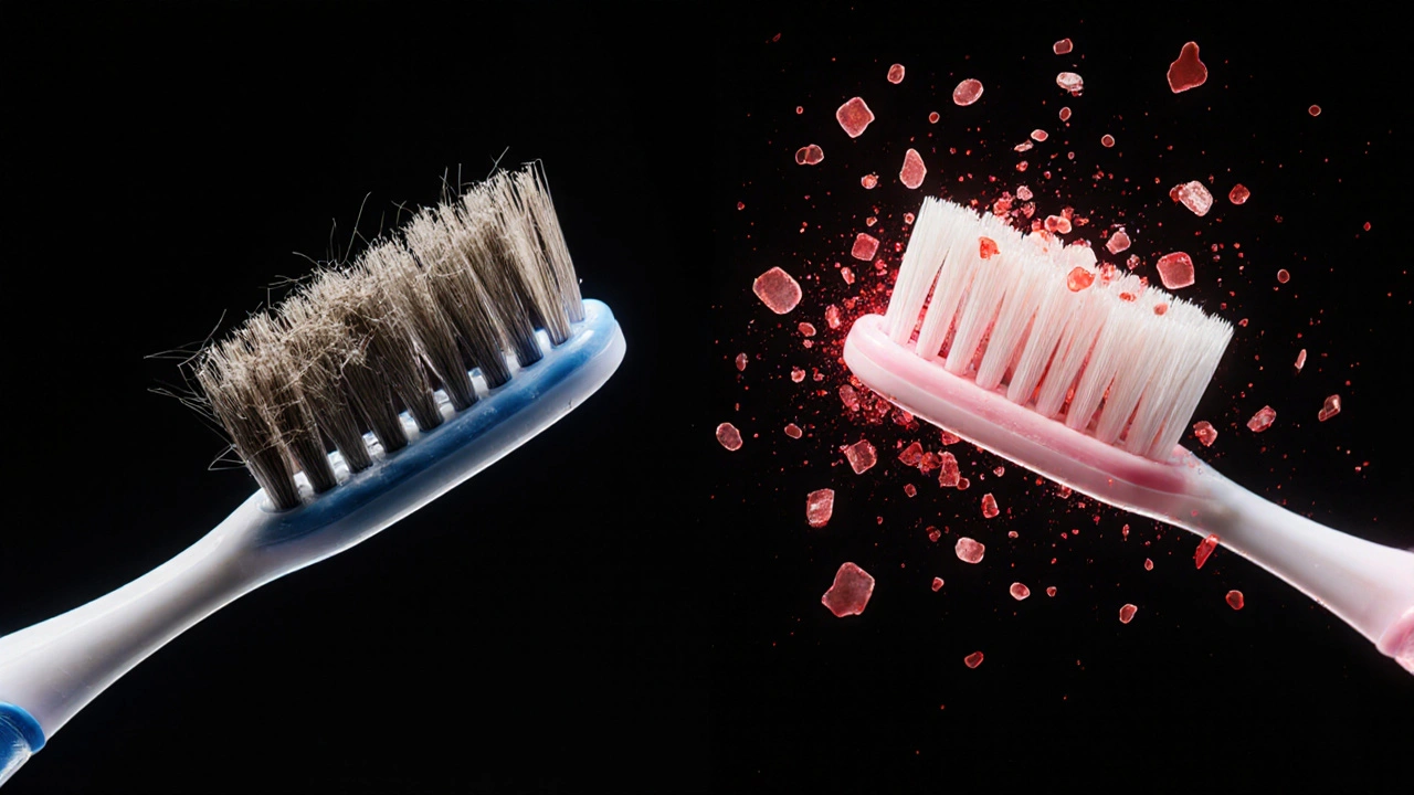 Porovnání běžného kartáčku s poškozenými vlasíčky a Curaprox s celistvými, hustými vlasíčky.