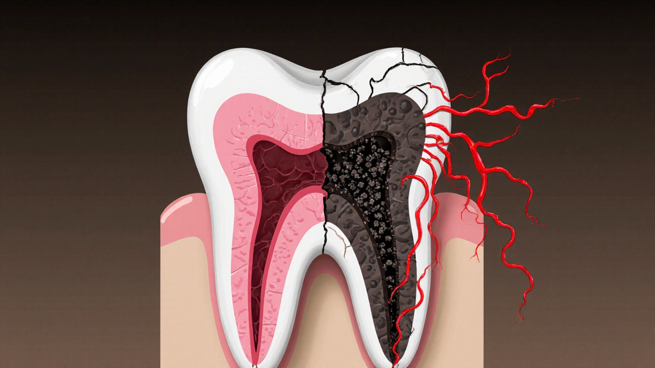 Porovnání zdravého a infikovaného zubu s šířením infekce do čelisti