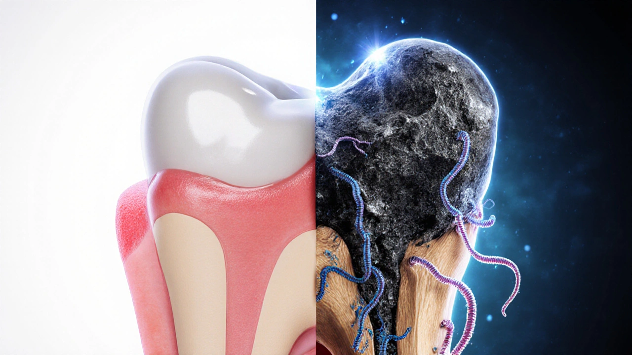 Porovnání zdravého a poškozeného zubního kořene s kamenem a bakteriemi.