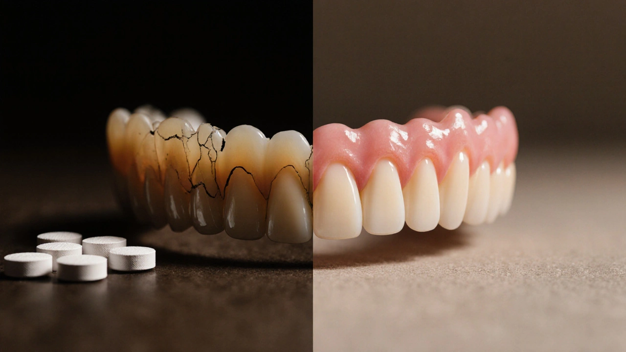 Poškozená a žloutlá náhradní zuby vedle zdravé dásně a čisté protézy.