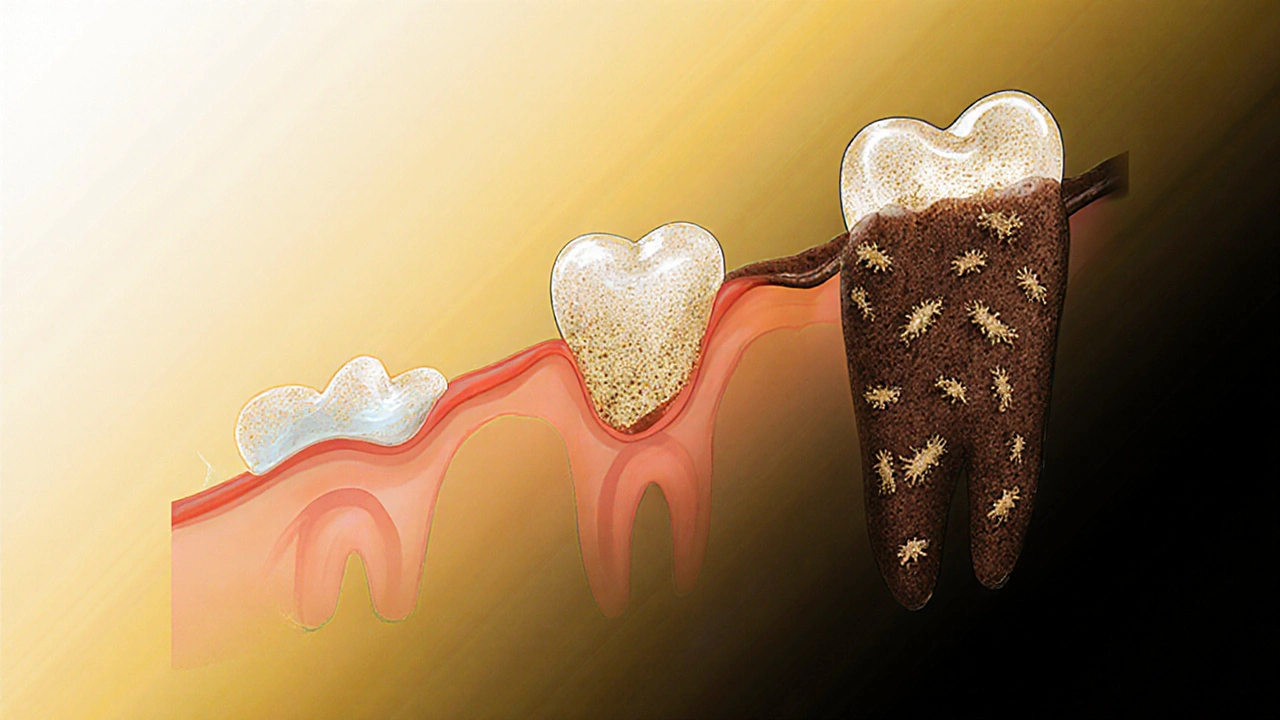 Postupné tvorbě zubního kamene od plaku až po tvrdou vrstvu pod dásněmi.