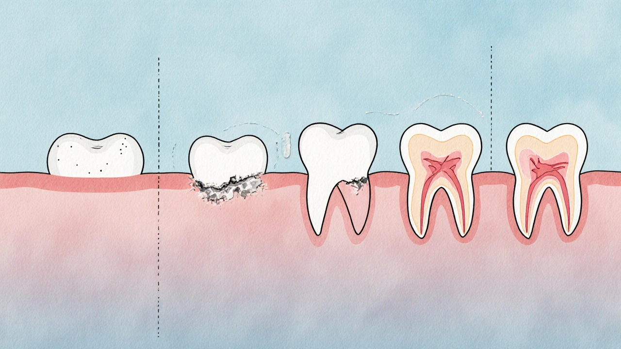 Postupný vývoj kazu od povrchu zubu až k nervu.