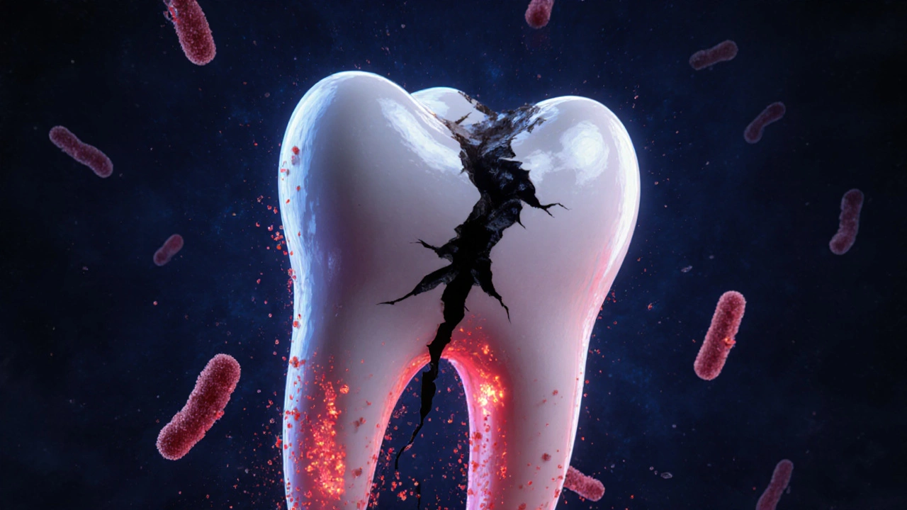 Prasklý zub s bakteriemi šířícími se po kořeni pod dásní.