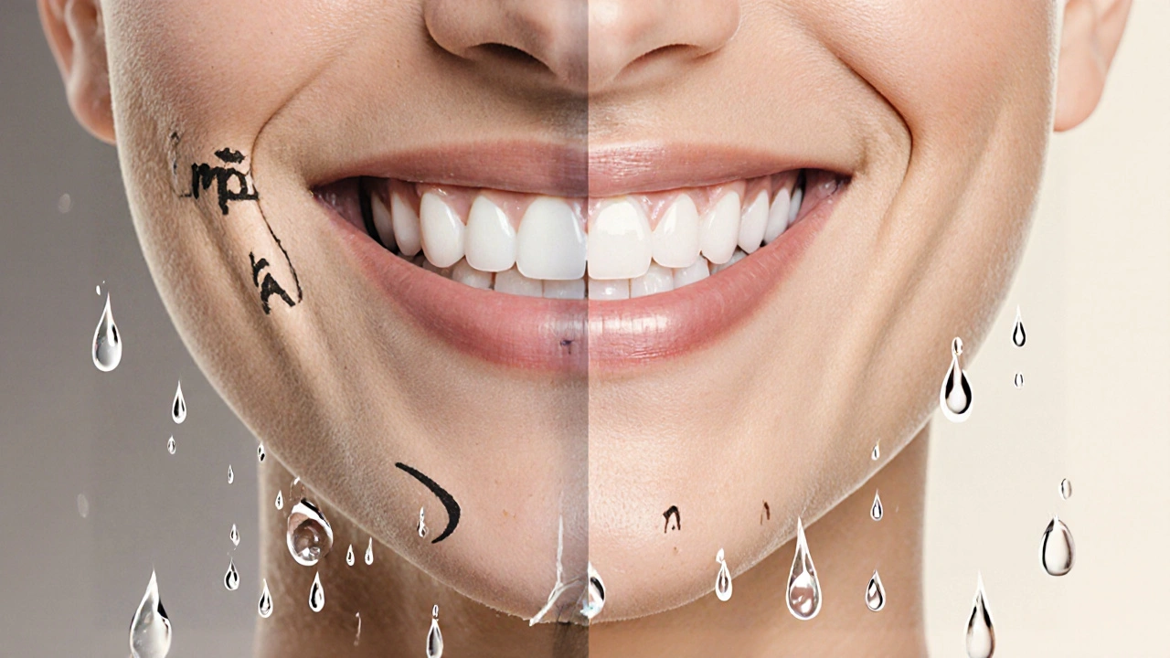 Před a po porovnání úsměvu s a bez fazet na zubech.