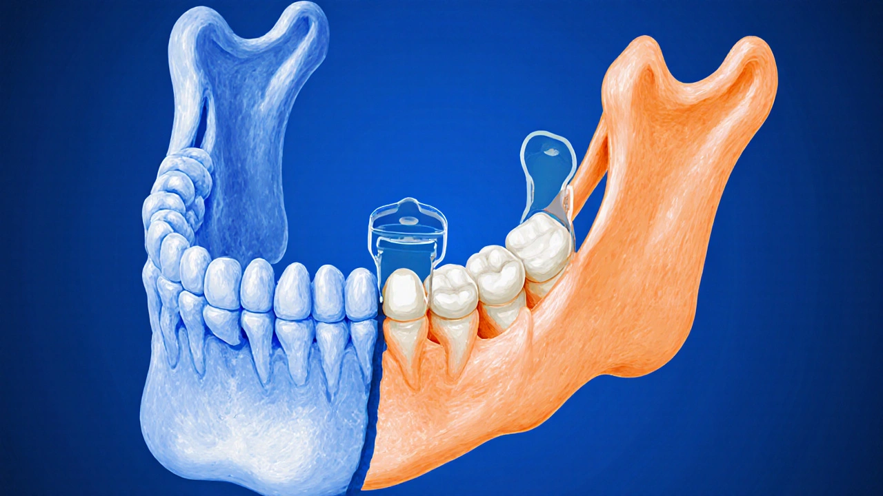 Přehled ztráty kosti v čelisti bez a s dočasnou náhradou zubu.