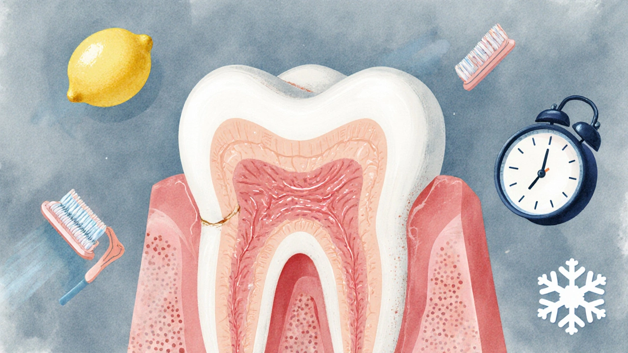 Příčiny citlivosti zubů: odhalená drahá, stahující se dásně a kyselé potraviny v křehkém stylu.