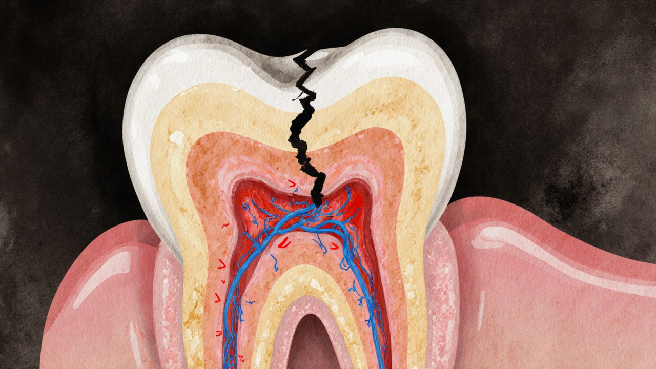 Příčný řez zubem ukazující postup praskliny do dentinu a pulpy.
