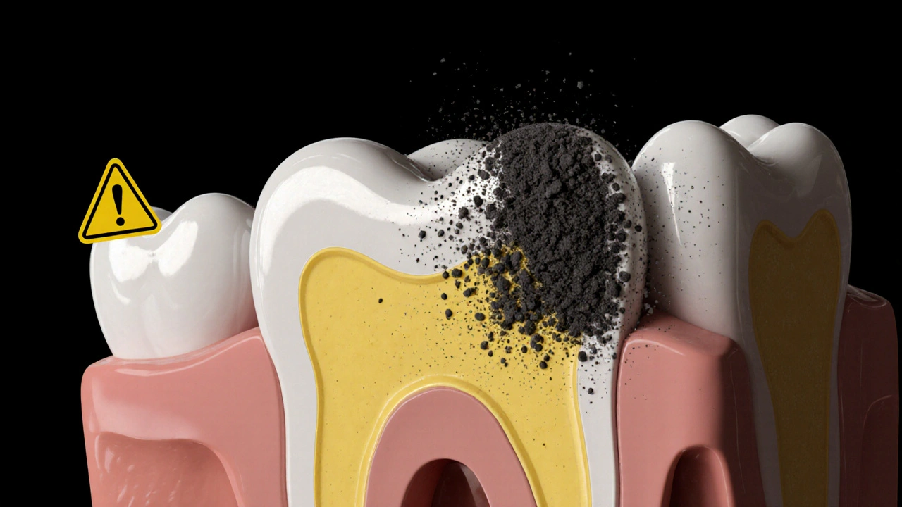 Příčný řez zubu s tenčící se sklovinkou a žlutým dentinem, který se projevuje kvůli opotřebení.