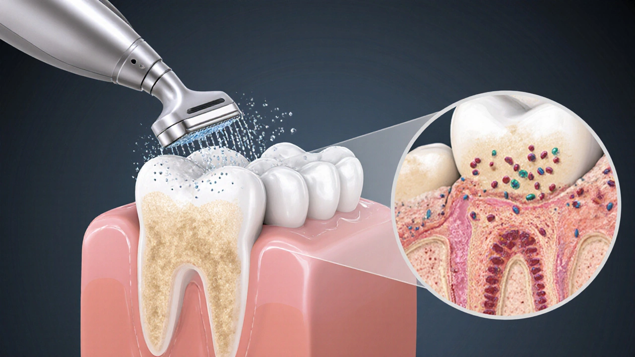 Profesionální odstraňování zubního kamene ultrazvukovým přístrojem s vodním proudem.