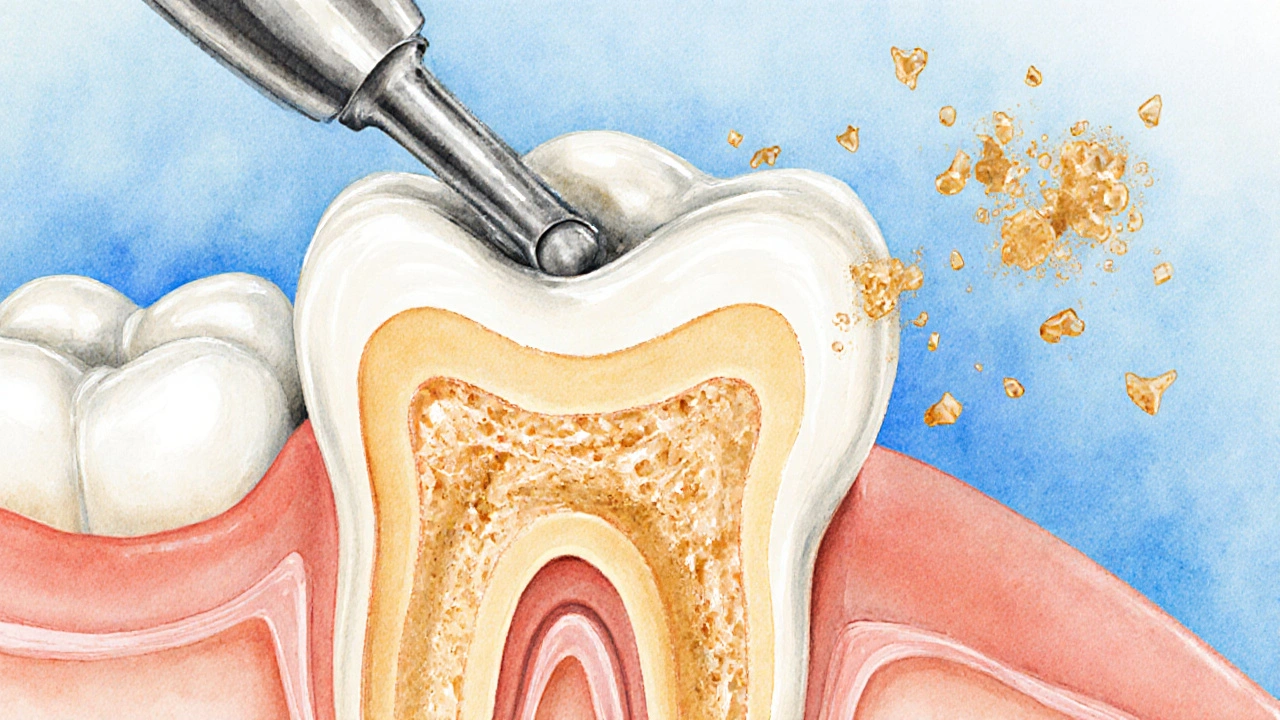 Průřez zubu ukazující odstranění zubního kamene a odhalení zubního kořene s obnovujícími se dásněmi.
