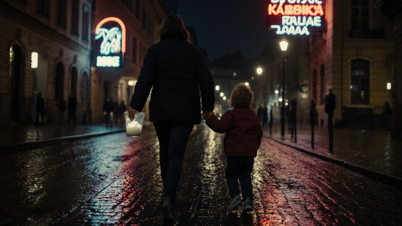 Rodič s dítětem běží noční Prahou k zubní pohotovosti.