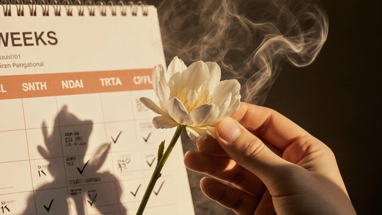 Ruka klade čistý zub do květiny, symbolizující hojení po broušení, zatímco zubní kámen mizí jako kouř.