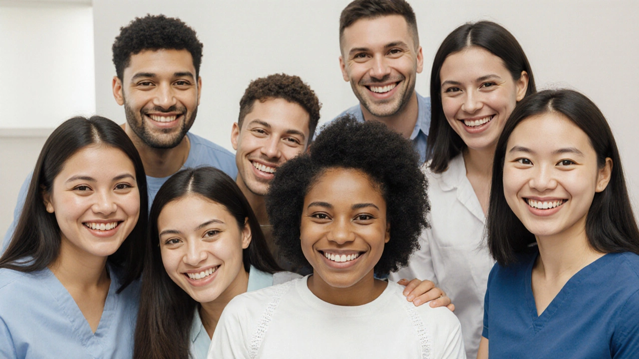 Skupina lidí v ortopedické ordinaci se usmívá, někteří ještě s rovnátky, jiní po jejich odstranění.