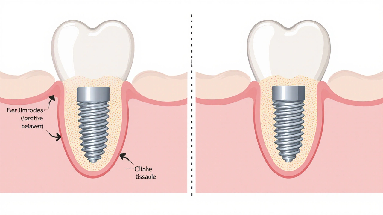 Srovnání zdravé a zánětlivé tkáně kolem zubního implantátu s ukázkou ztráty kosti.