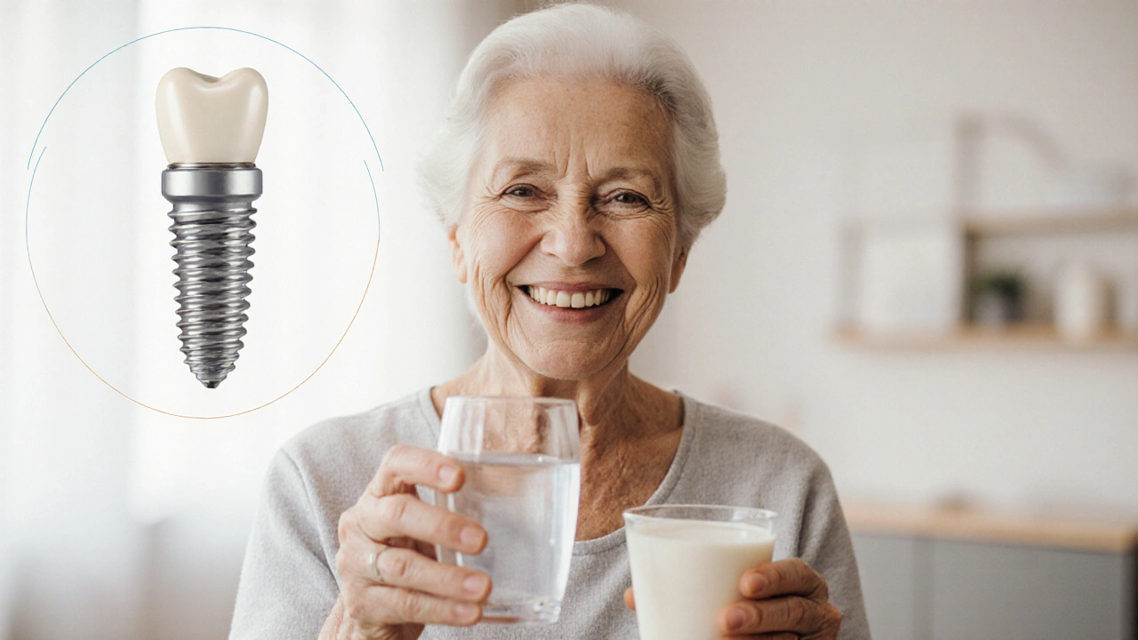 Starší pacient pije vodu a jí jogurt, symbolizující správnou péči po implantaci.