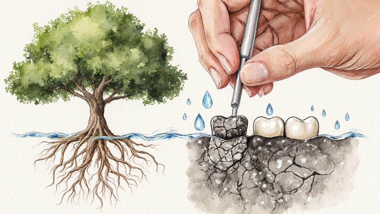 Strom s kořeny zastíněnými kamenem, který je odstraněn a nahrazen zelení.