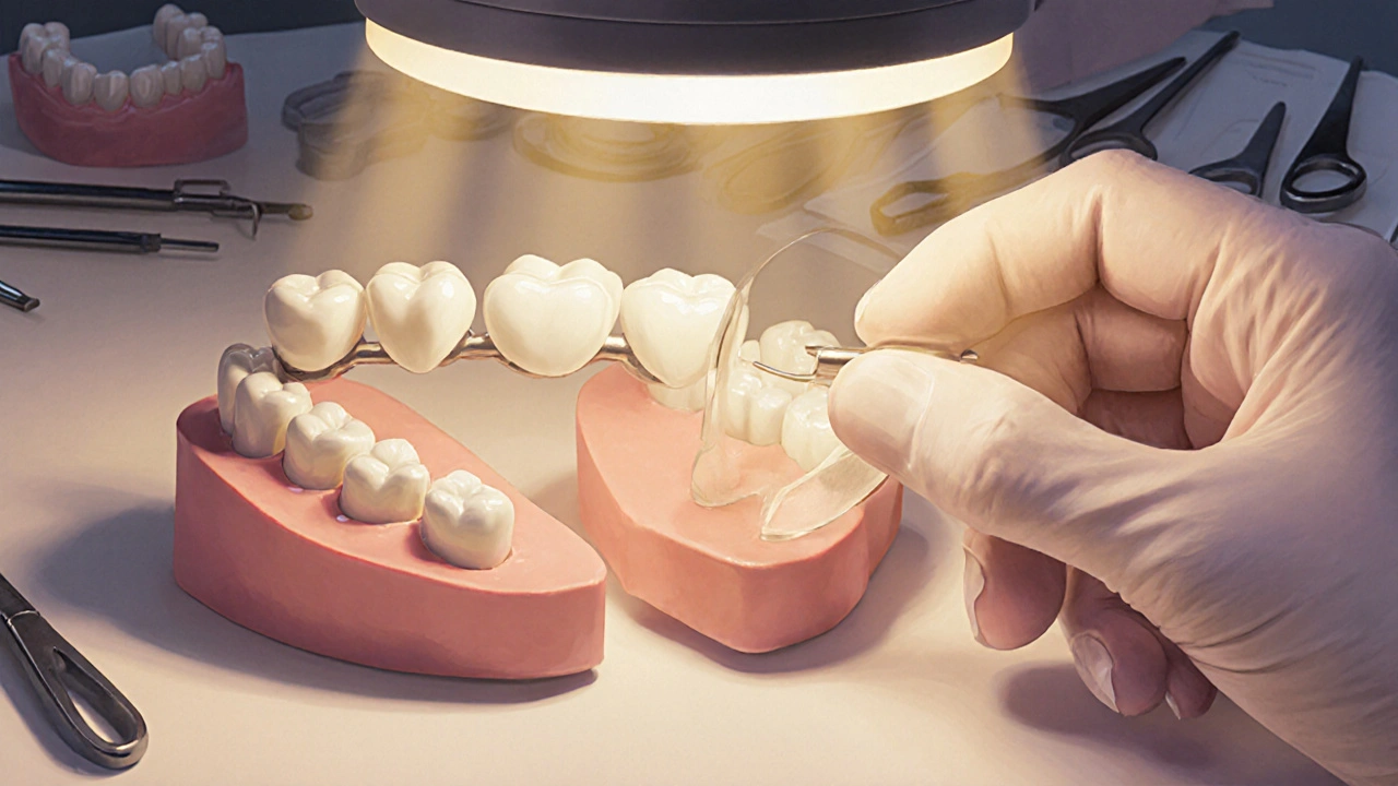 Technik v zubní laboratoři kontroly keramický most.