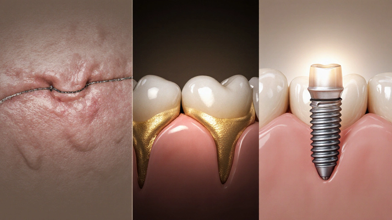 Tři fáze hojení zubního implantátu: hojení dásní, růst kosti a plná integrace.