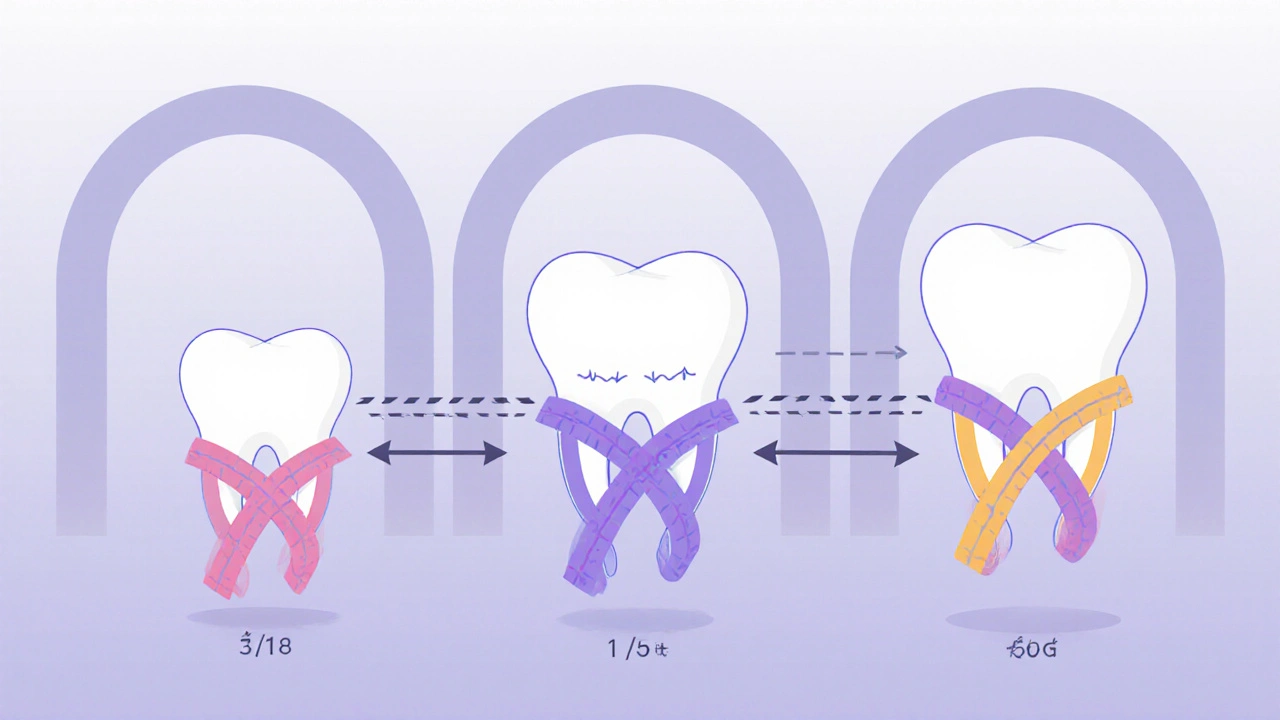 Tři různé velikosti gumiček působí na zuby silovými čarami.